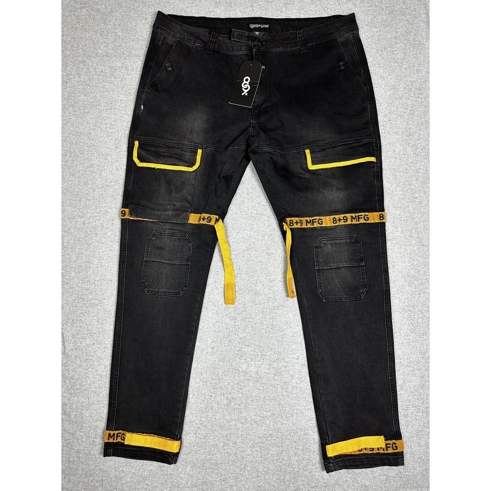 89 MFG Strapped Up Utility Pants Trenches Men 42 Black‎ Yellow Streetwear